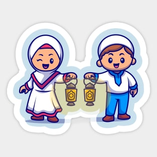 Cute Girl And Boy Moslem Bring Lantern Lamp Cartoon Sticker